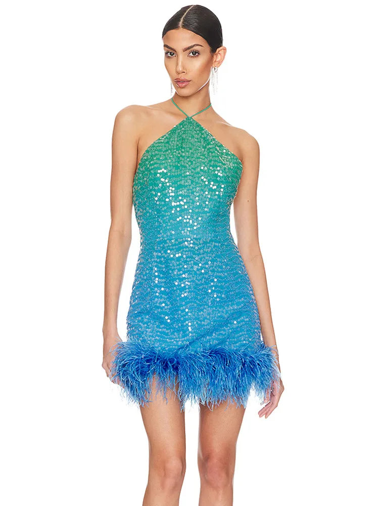 Blue Mesh Sequins Feather Halter Mini Dress for Women