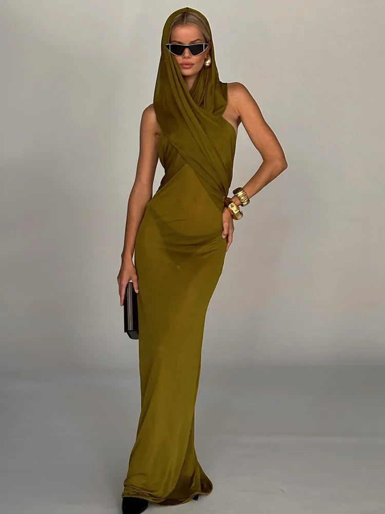 Army Green Lace Mesh Maxi Bodycon Evening Party Dress