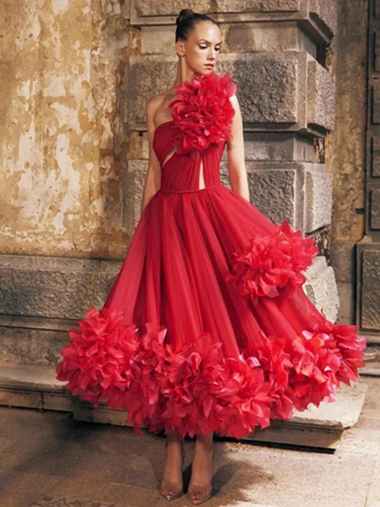 Sexy One Shoulder Red Mesh A Line Evening Party Dress