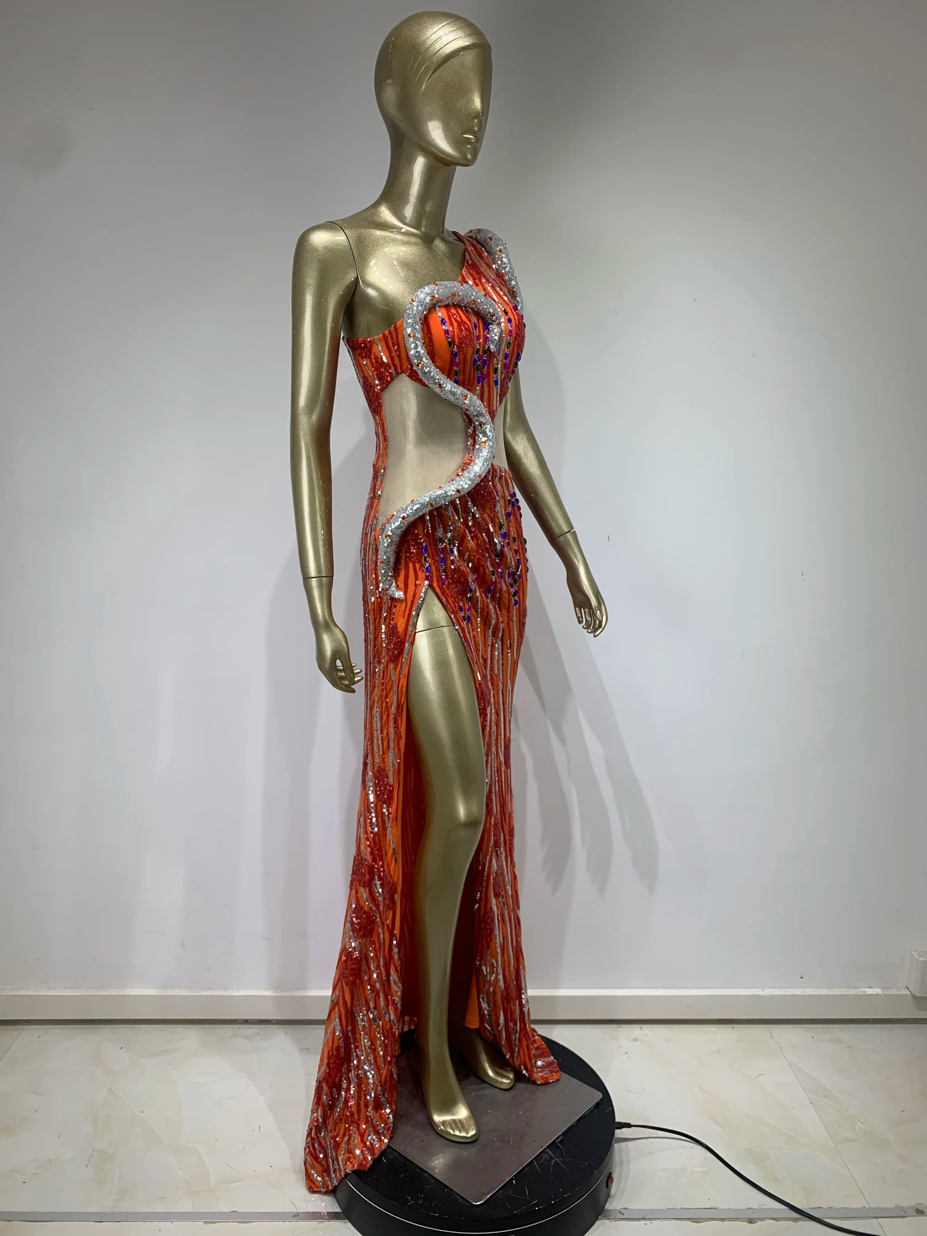 Orange Sequin One Shoulder Maxi Dress for Elegant Events