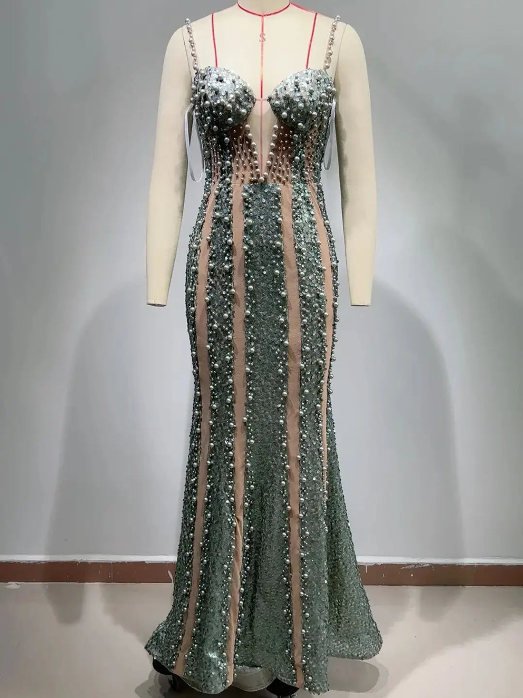 Elegant Green Glitter Beaded V Neck Maxi Dress