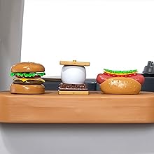 Close up of stackable food set, including hamburger, s'more, and hot dog