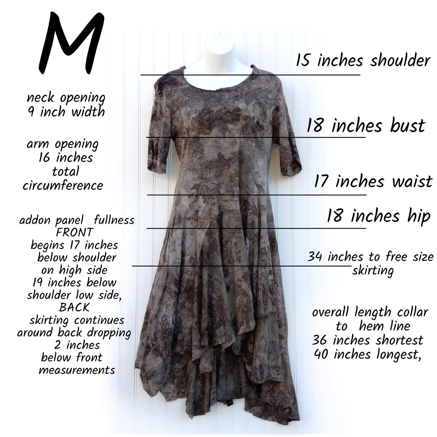 size chart over dress image EARTH M Midi length Dress 3/4 Sleeve Pieced Skirting Hand Stitch Details Eco Refashion Upcycled