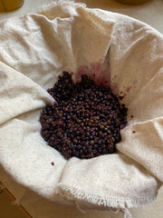 Cooked elderberries straining through a cheesecloth