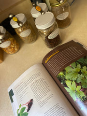 Elderberry syrup recipe from a book and apothecary herbs nearby