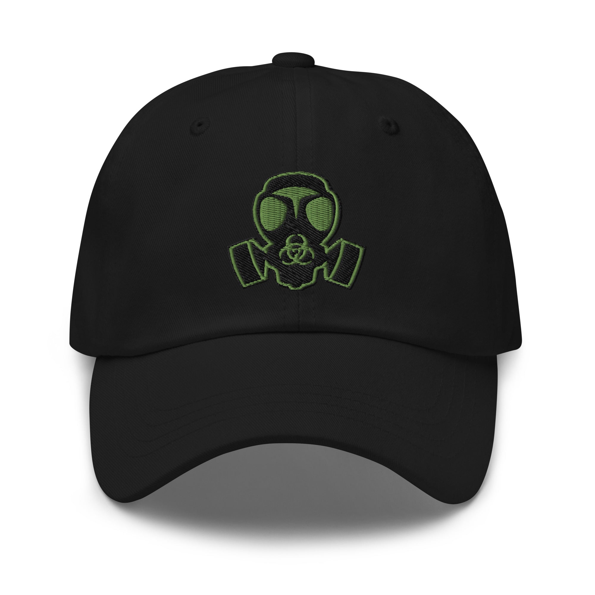 Bio Hazard Gas Mask Embroidered Baseball Cap Doomsday Prepper Green Thread Dad hat