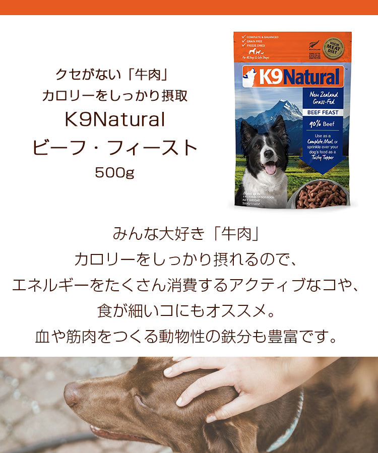 生食ドッグフード K9ナチュラル ビーフ・フィースト【500g】（全年齢用 ...