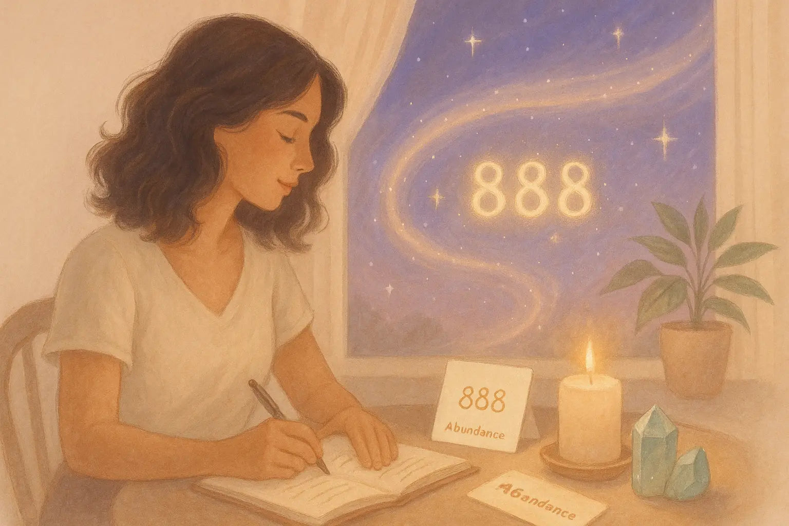 A warm-toned scene of a woman journaling at a cozy desk. Around her are lit candles, green crystals, and an affirmation card marked “888.” The window behind her shows flowing starlight trails that echo angel number patterns in the night sky.