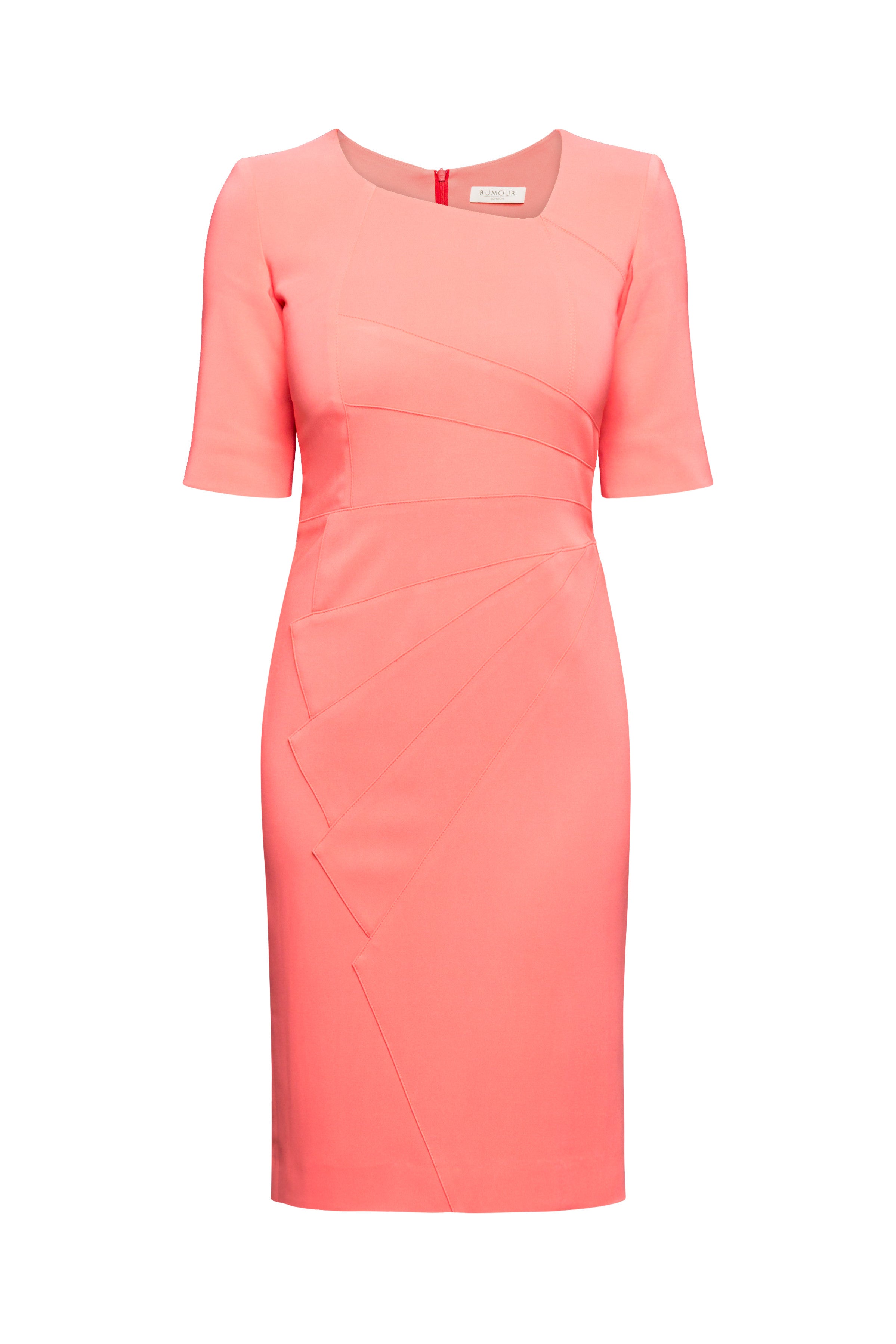 Coral Fitted Knee Length Dress with Asymmetrical Neckline – RUMOUR LONDON