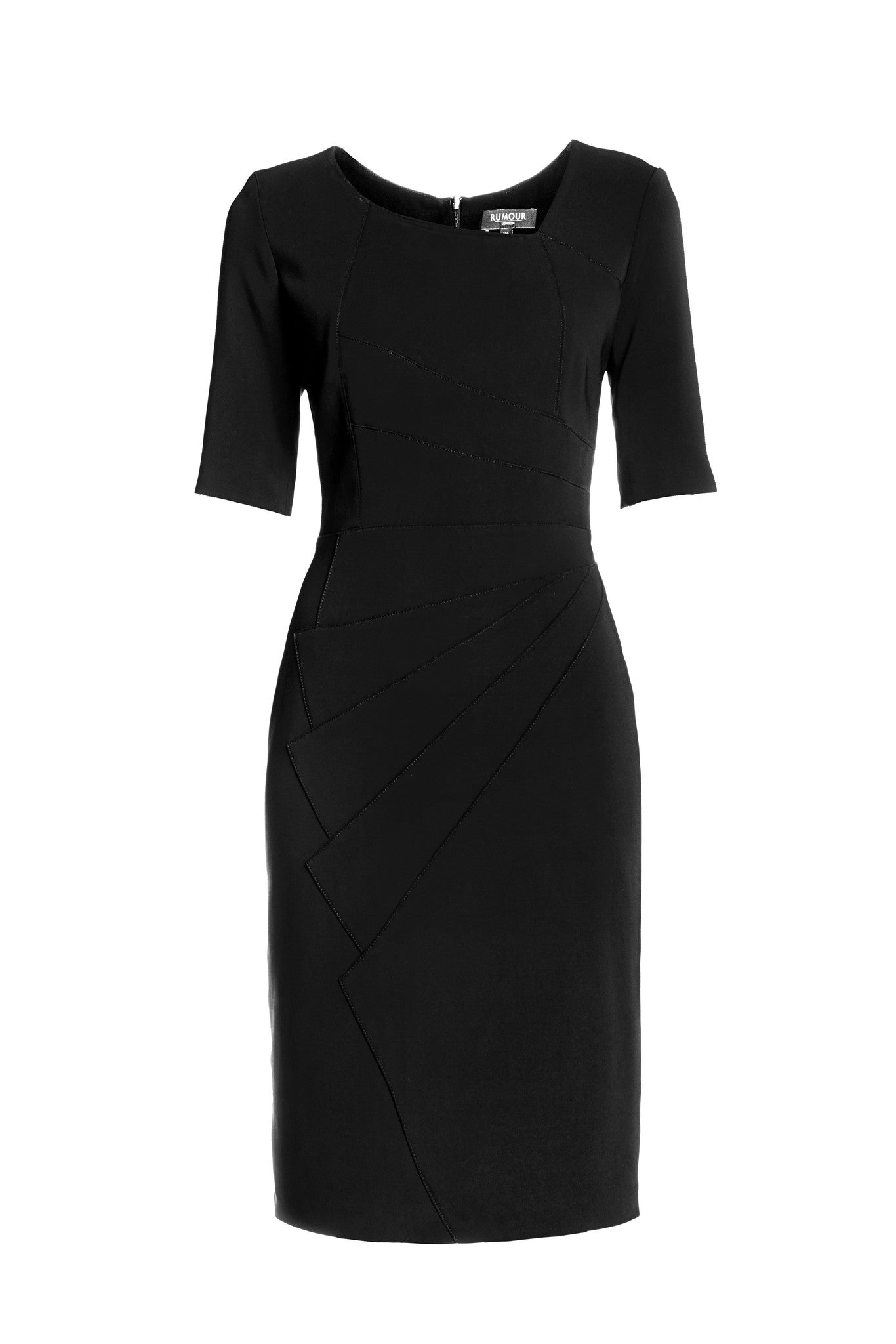 Black Fitted Knee Length Dress with Asymmetrical Neckline – RUMOUR LONDON