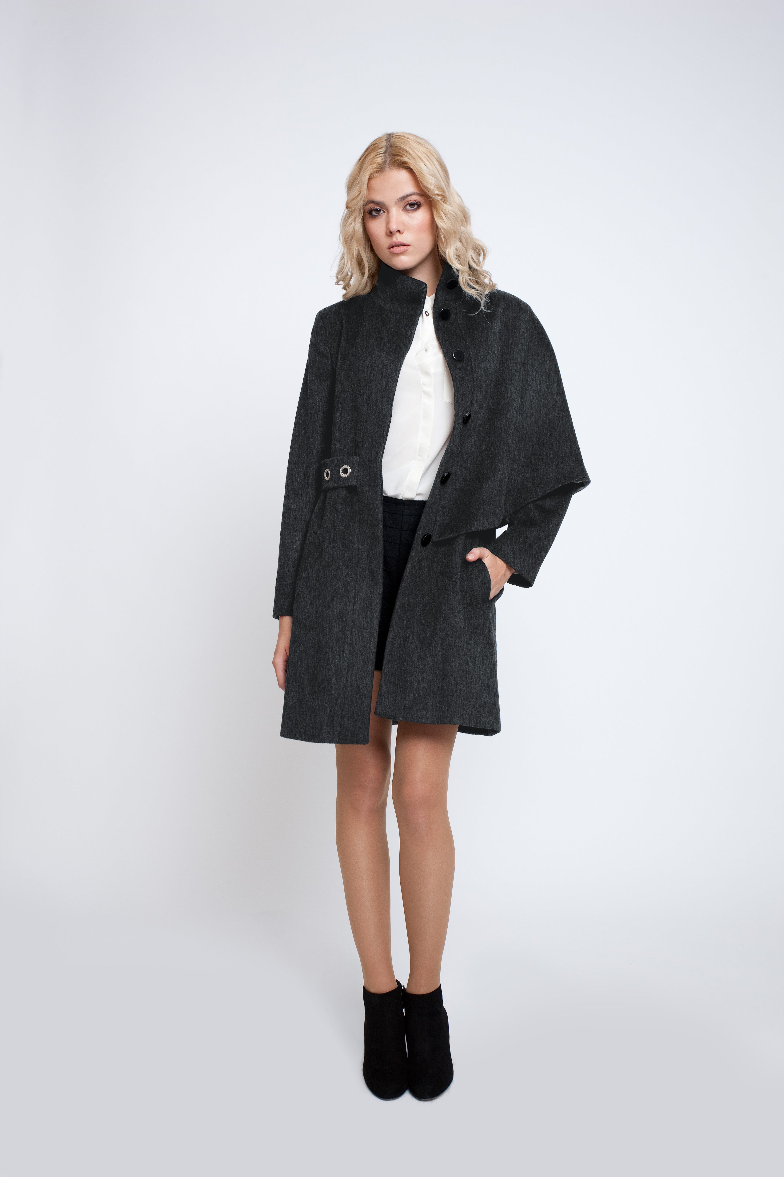 Asymmetric wool-blend cape coat in charcoal grey