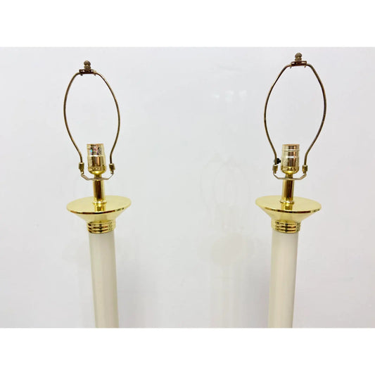 STIFFEL BRASS AND CERAMIC PAIR OF VINTAGE HEXAGONAL TABLE LAMPS