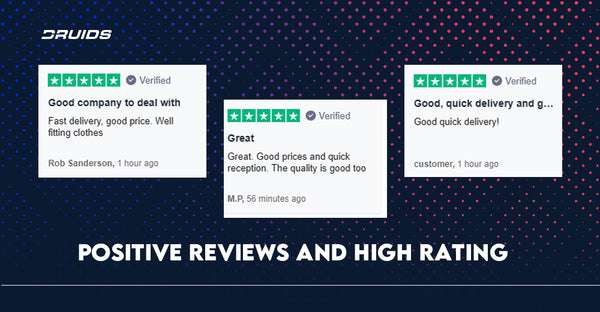 Advertisement from DRUIDS featuring three customer reviews with a five-star rating. Each review praises the company for attributes like fast delivery, good price, and well-fitting clothes.
