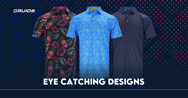 Promotional image for DRUIDS showing three golf shirts with eye-catching designs, including one with a dark floral pattern, one with a light blue print, and one with a navy geometric pattern.