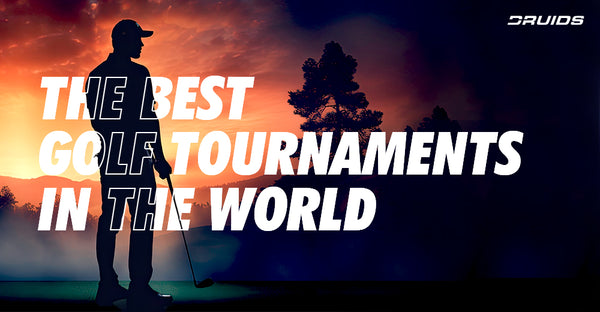 A golfer's silhouette against an evening sky with text about top golf tournaments.