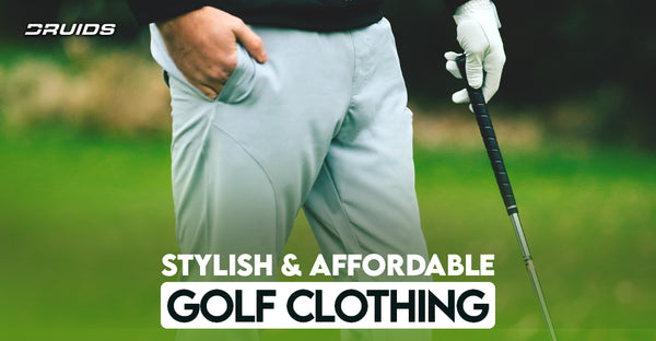 A golfer in stylish and affordable Druids golf trousers preparing for a swing, with the text 'Stylish & Affordable Golf Clothing' prominently displayed.