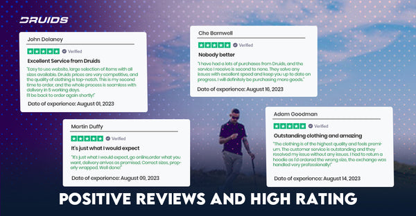 A collection of positive customer reviews for Druids golf clothing featuring a star rating and verified status, set against a background with a golfing theme.
