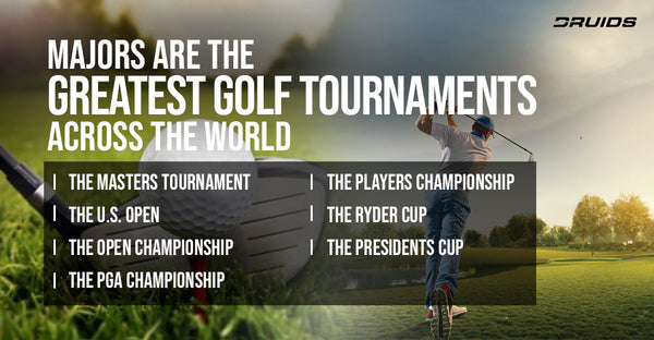 A golfer mid-swing with a list of the world's major golf tournaments.