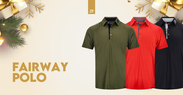 Fairway Polo shirts in olive green, bright red, and navy blue, showcased with a Christmas decor setting.