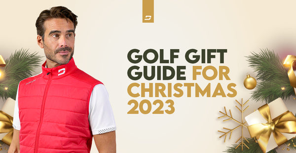 A model in a red sleeveless golf vest, with a Christmas tree and gifts in the background, promoting a Druids golf gift guide for Christmas 2023.