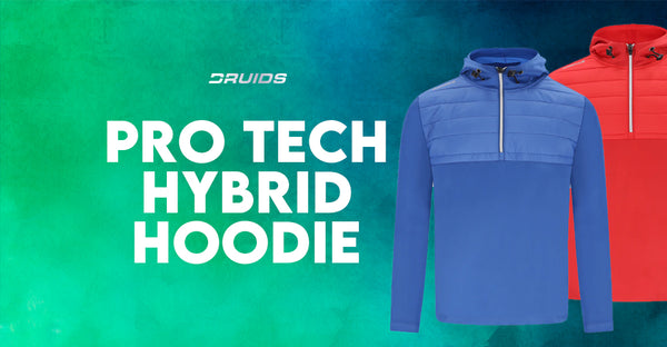 The Druids Pro Tech Hybrid Hoodie in blue and red options, with quilted upper panels for added warmth, and the text 'PRO TECH HYBRID HOODIE' in bold white lettering on a teal background.