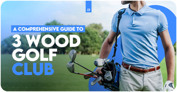 Golfer with clubs promoting a 3 wood guide on a course.