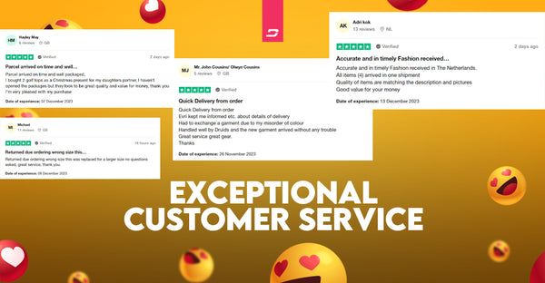 Customer reviews on yellow with emojis, 'Exceptional Customer Service' text.