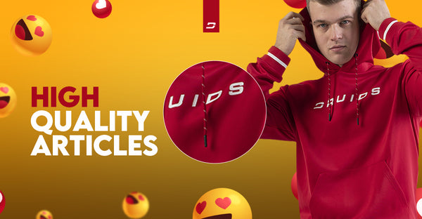 Man in red 'DRUIDS' hoodie, 'High Quality Articles' text with emojis on yellow.