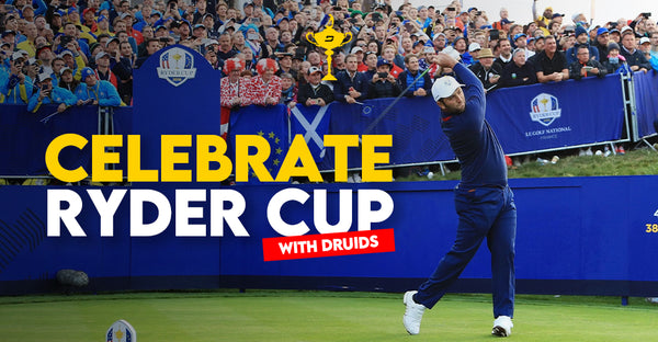 Un golfista haciendo swing en el evento de la Ryder Cup, con espectadores al fondo y el texto "CELEBRAR LA RYDER CUP CON DRUIDAS" en un lugar destacado.