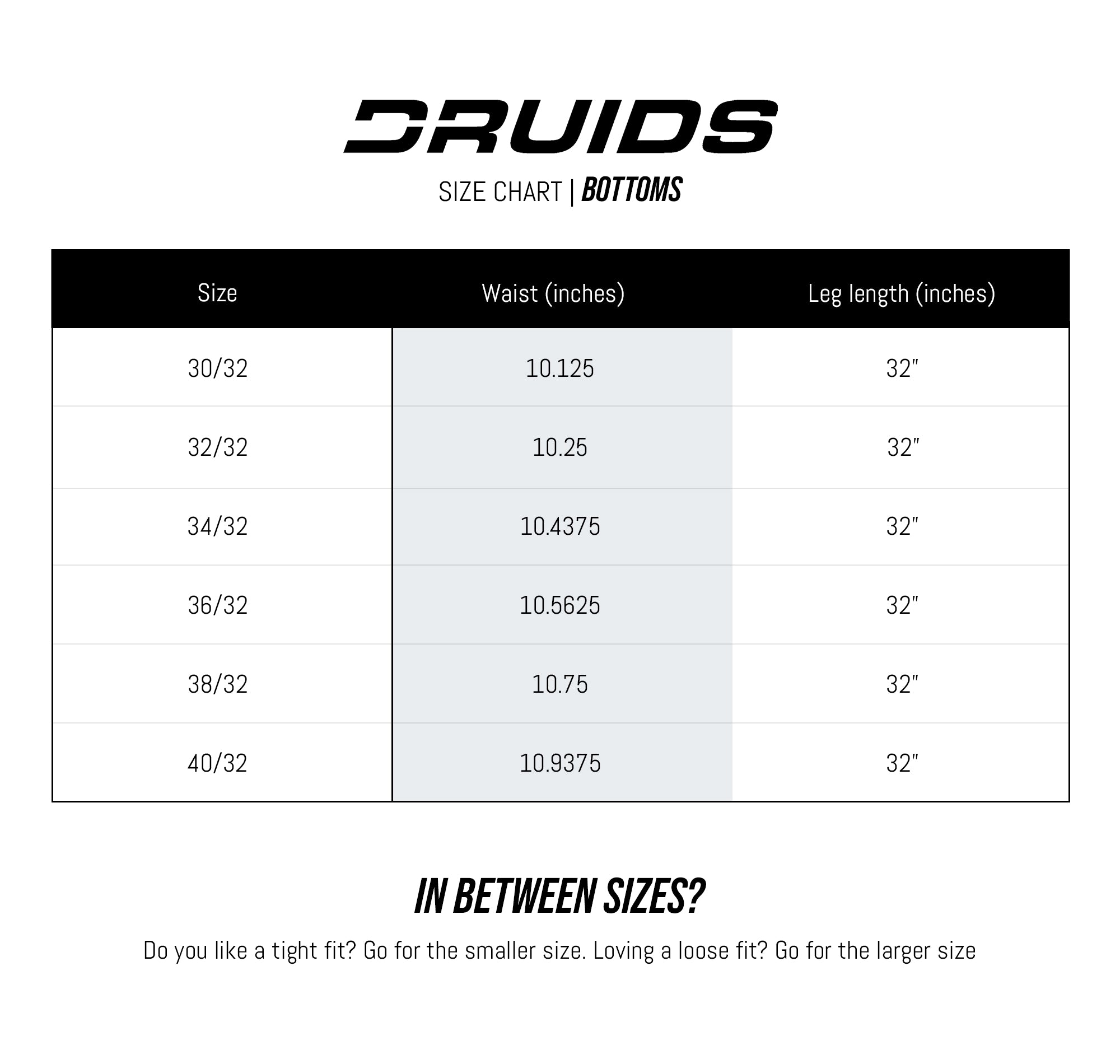 Size Chart Bottoms