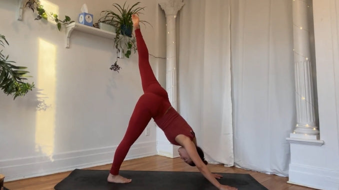 Three-Legged Downward-Facing Dog with Hip Opener to Knee to Forehead