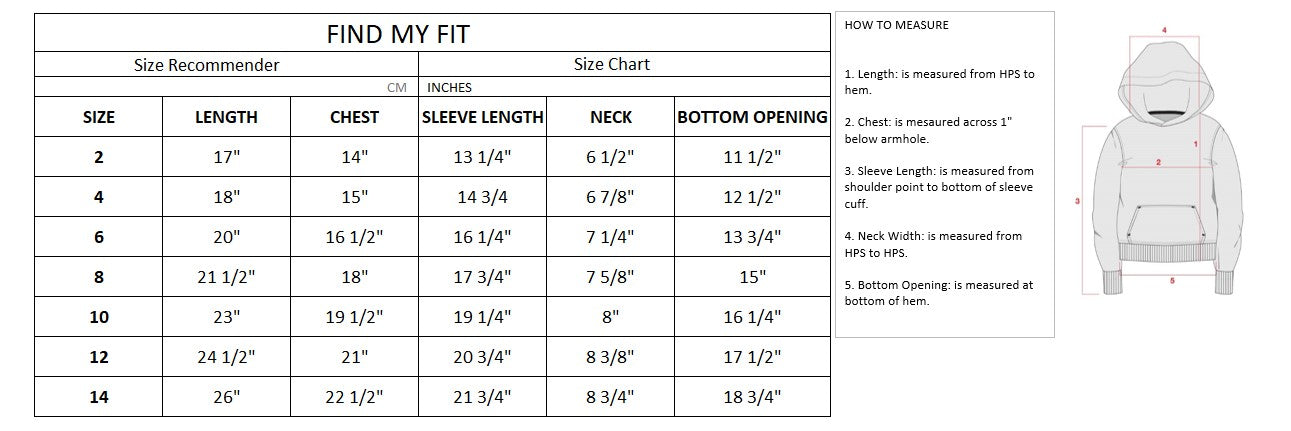 8 BIT Kids Hoodie Diagram Inches