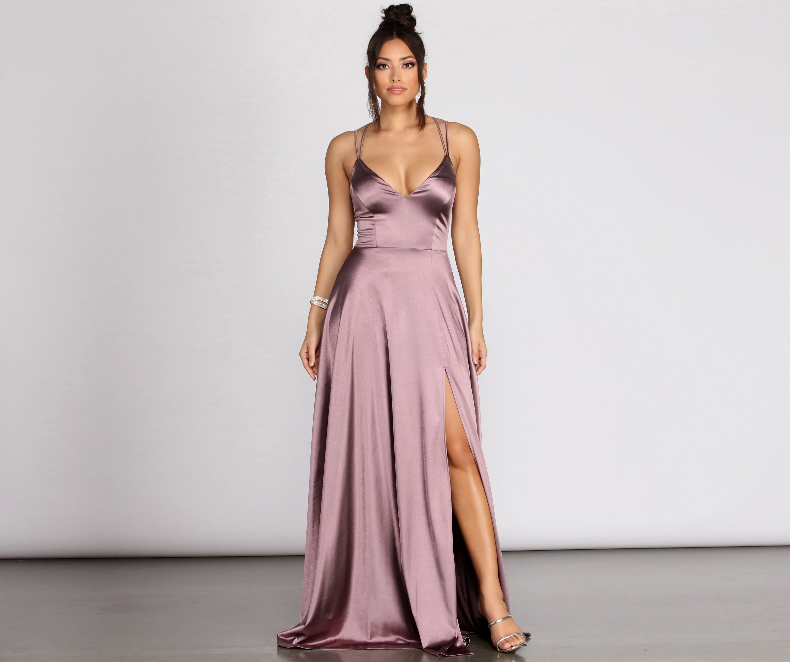 Brielle Stretch Satin V Neck Formal Dress