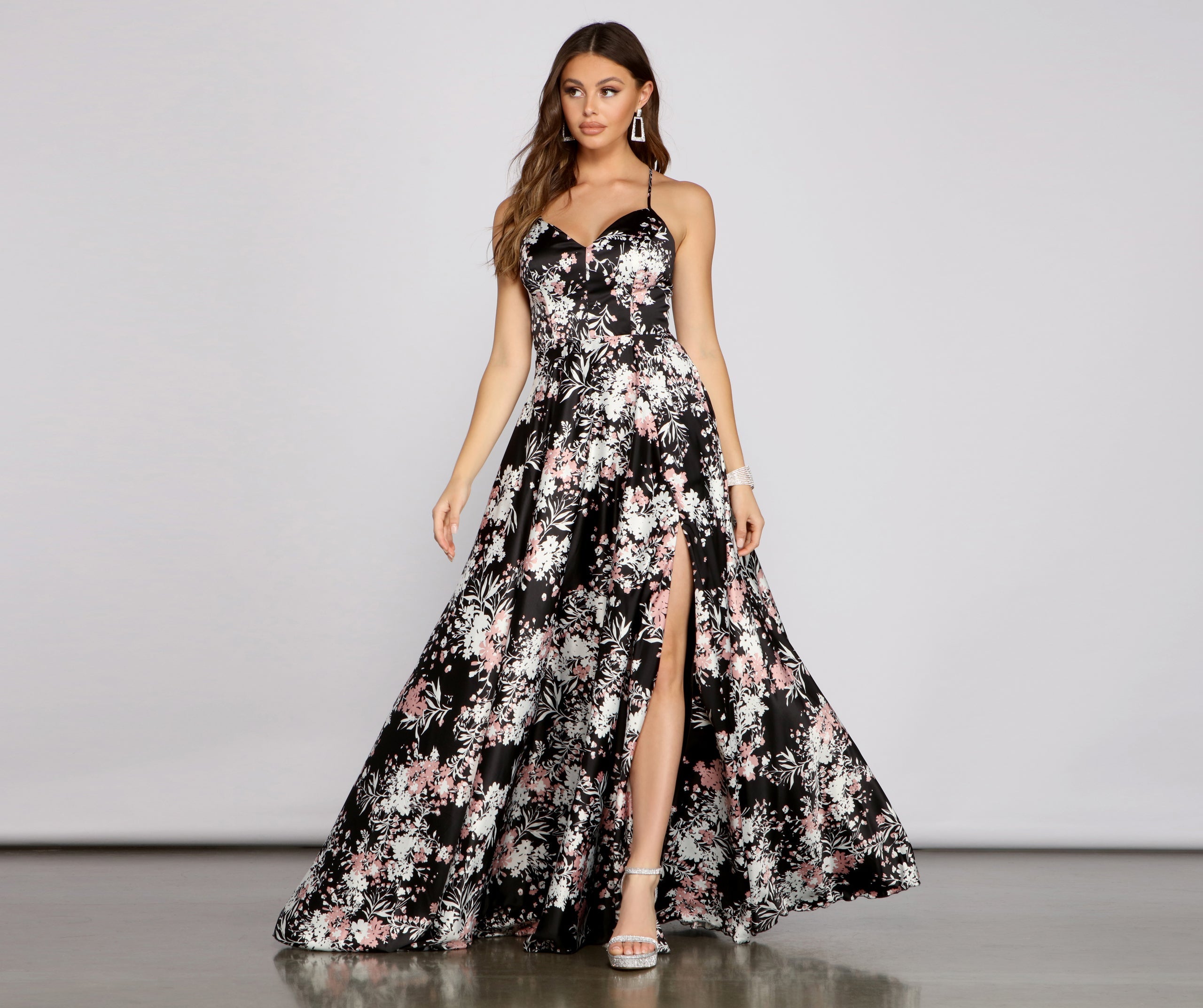 Eleanor Formal High Slit Floral Satin Dress