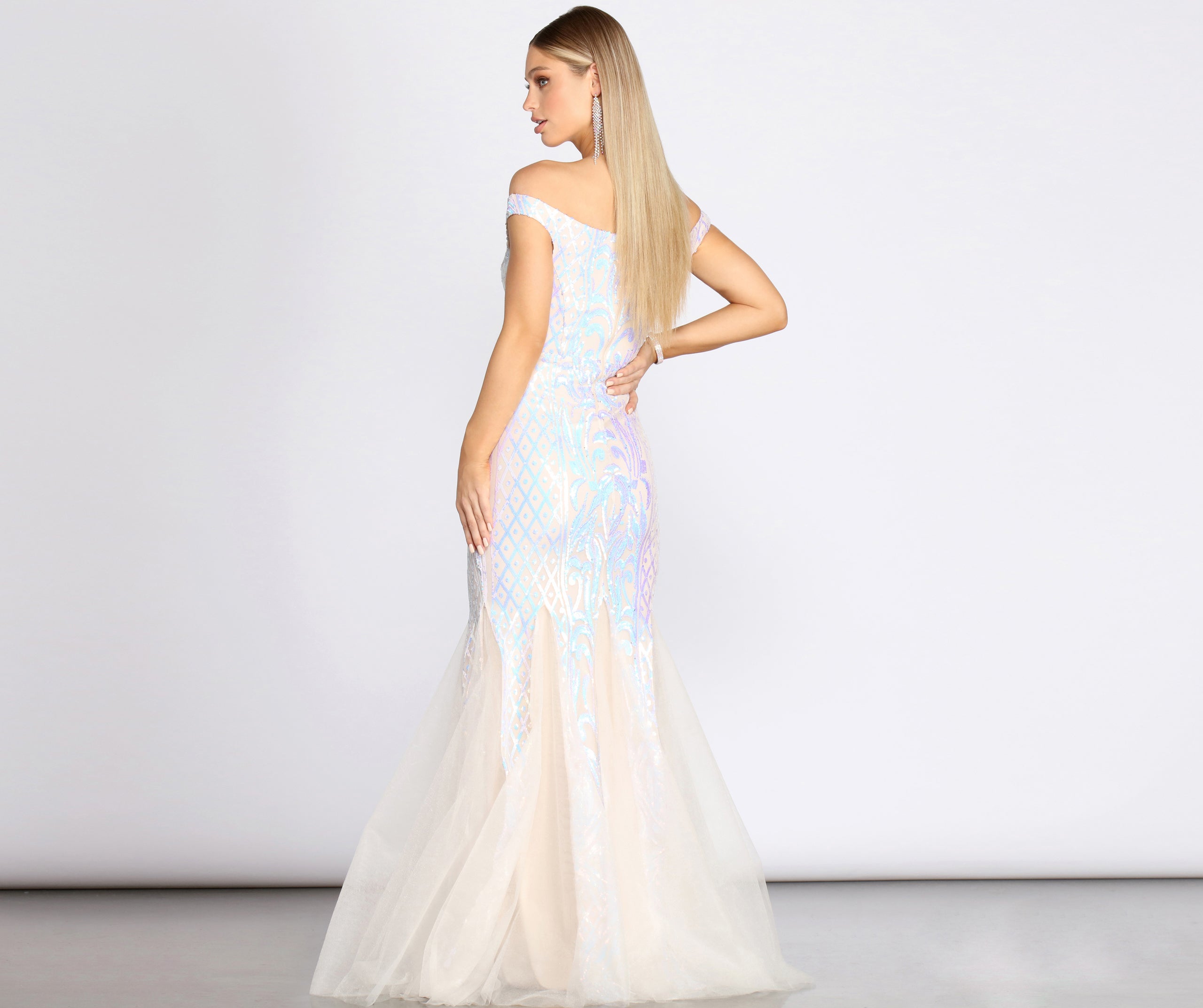 Andrina Iridescent Sequin & Tulle Off Shoulder Mermaid Dress