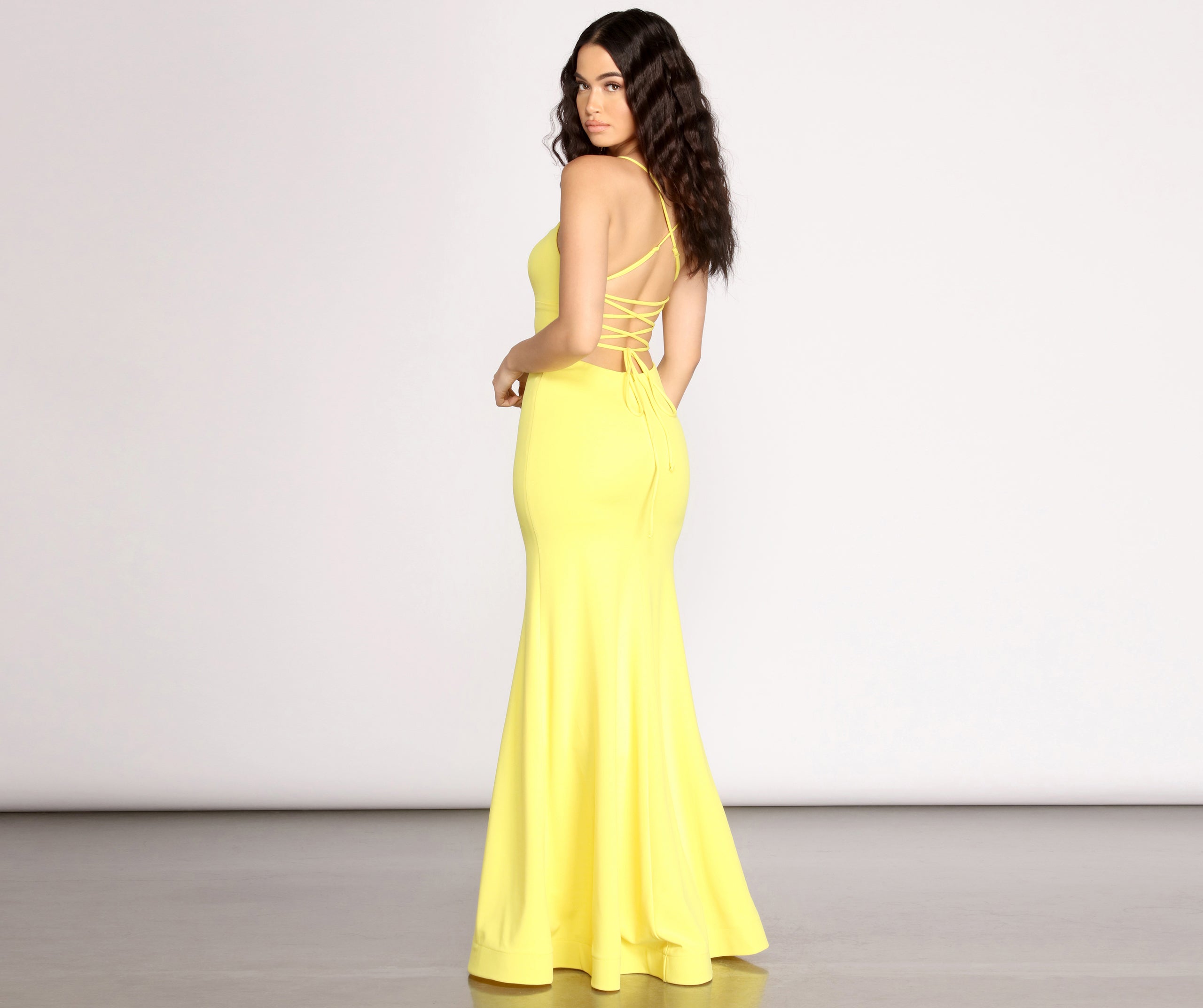 Iva Crepe Lace Up Back Mermaid Dress