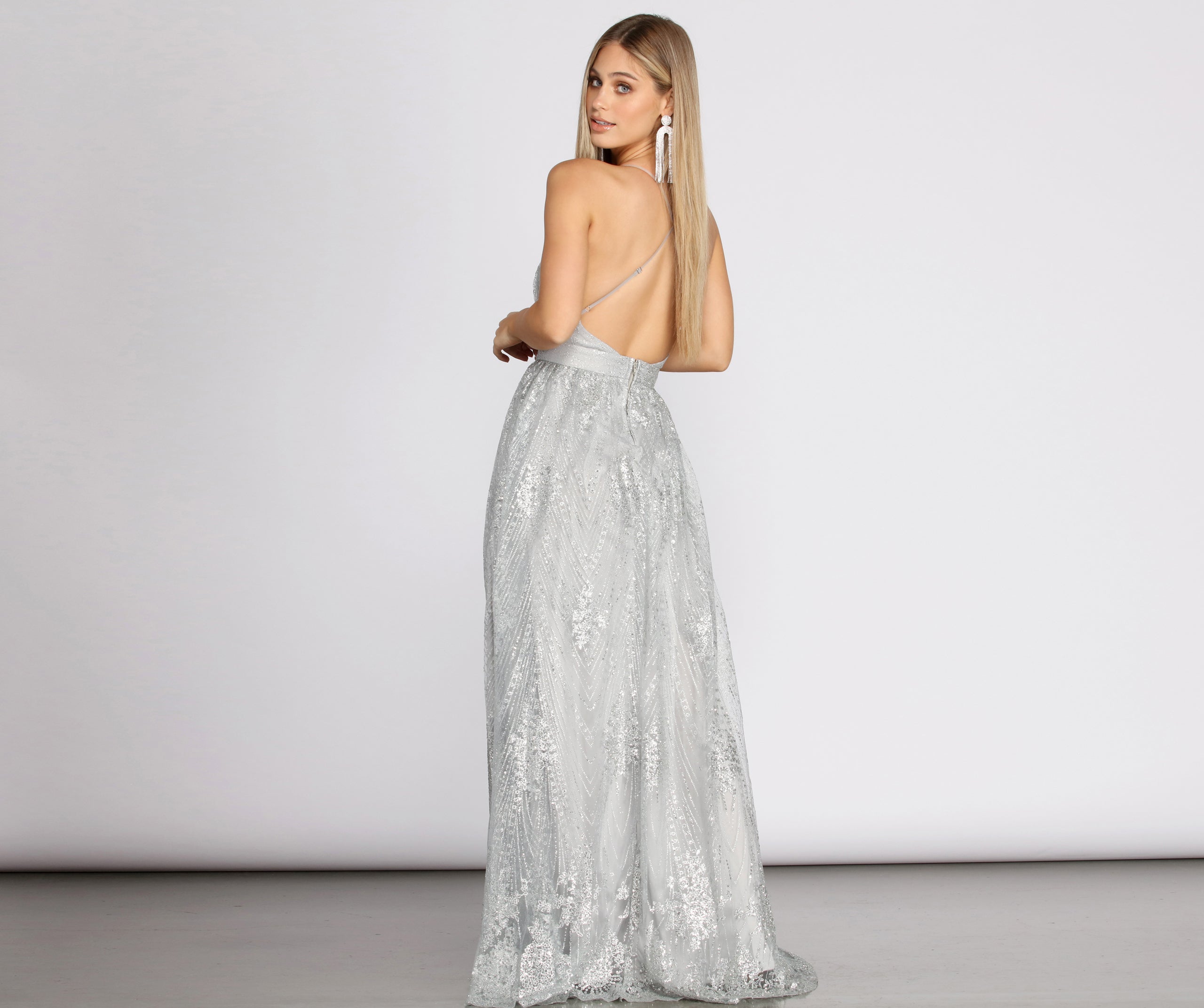 Janica Plunging Glitter A-Line Dress