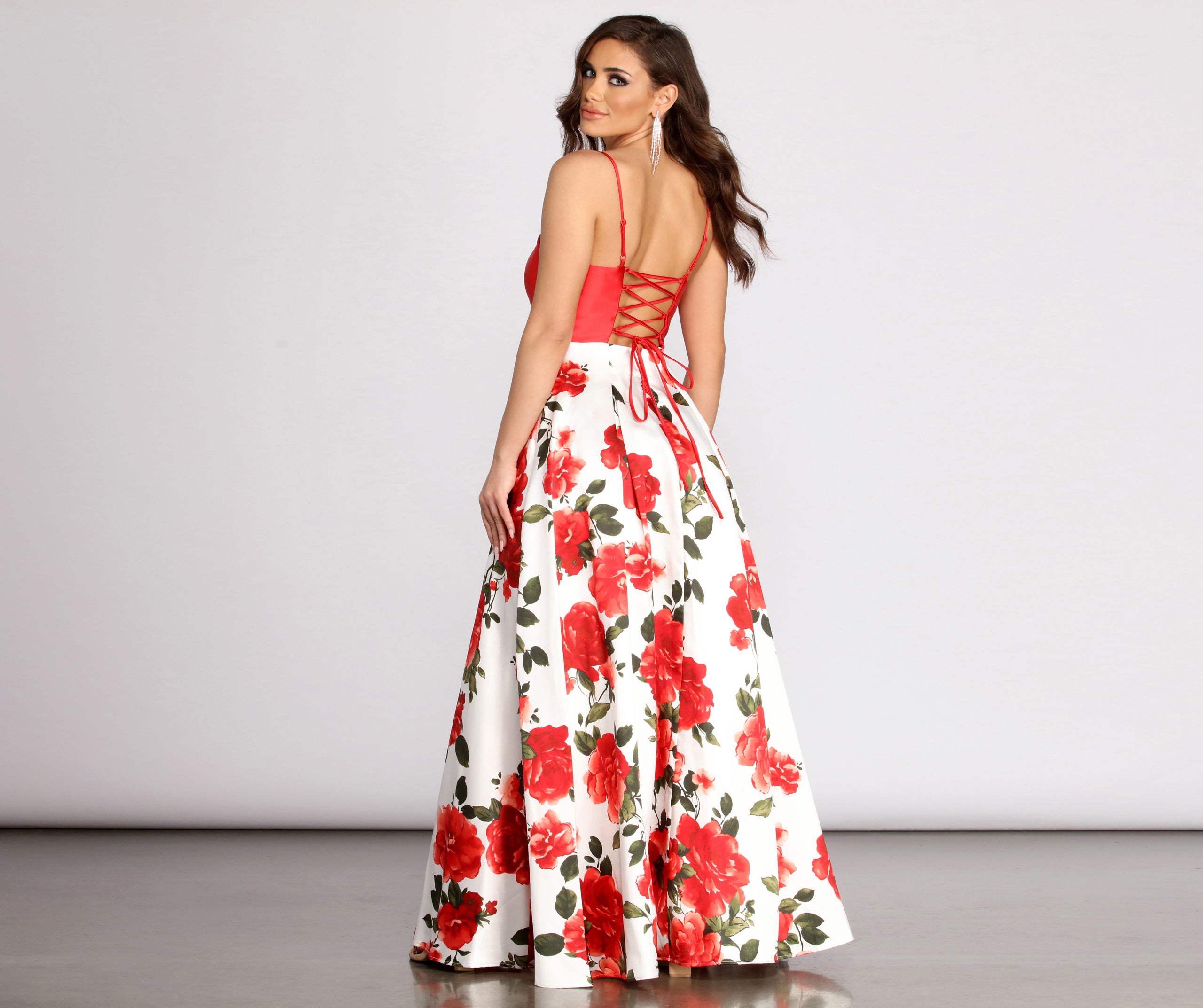 Terri Floral Printed Lace Up Back Ball Gown
