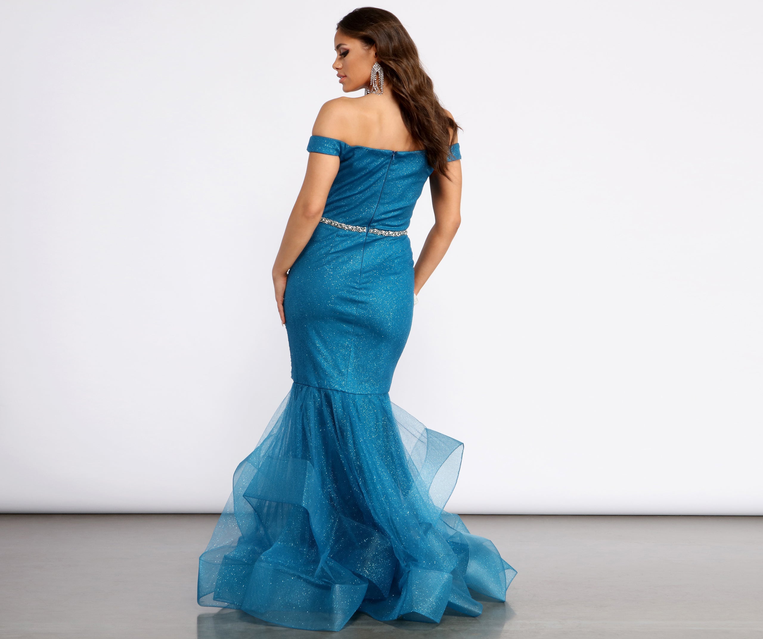 Angelica Off Shoulder Rhinestone Trim Mermaid Dress