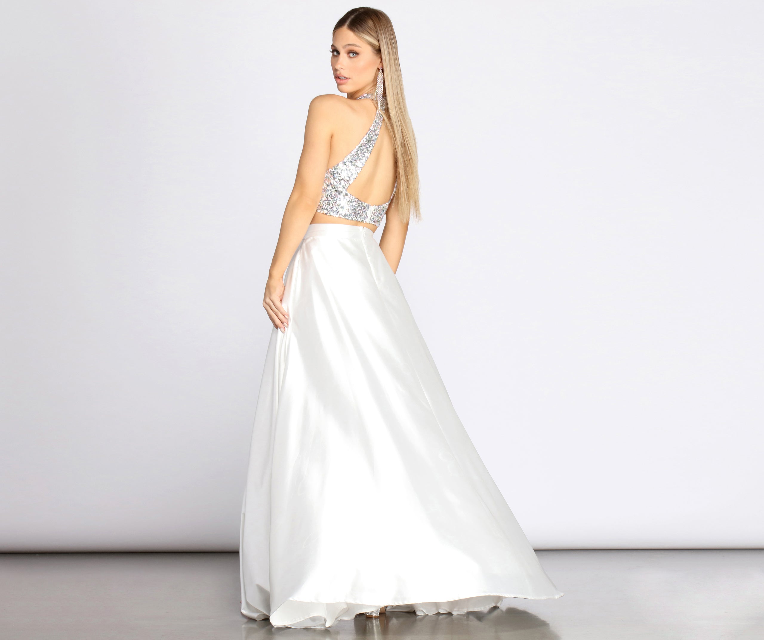 Atara Iridescent Sequin Two Piece Satin Dress