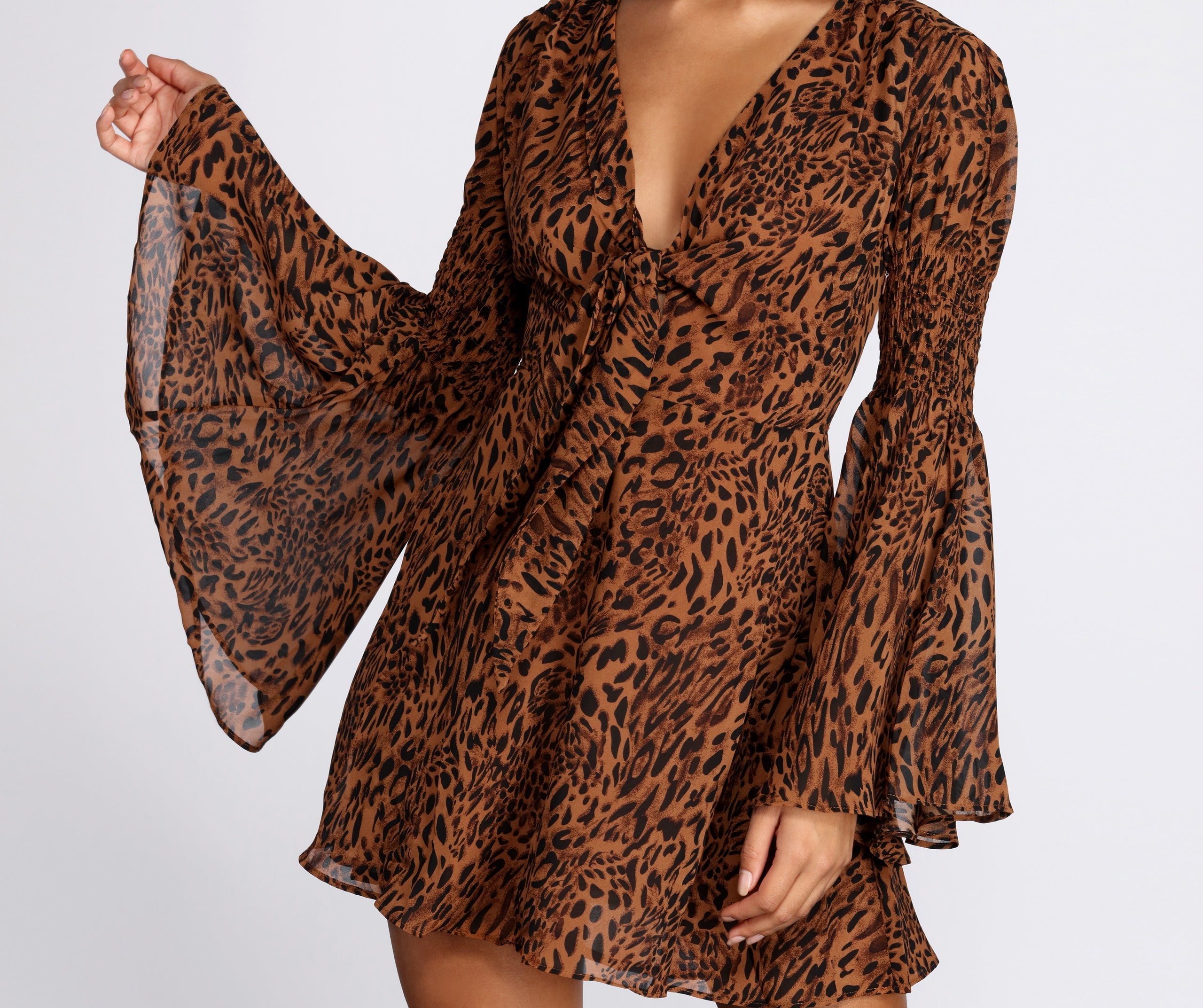 Leopard Bell Sleeve Chiffon Mini Dress