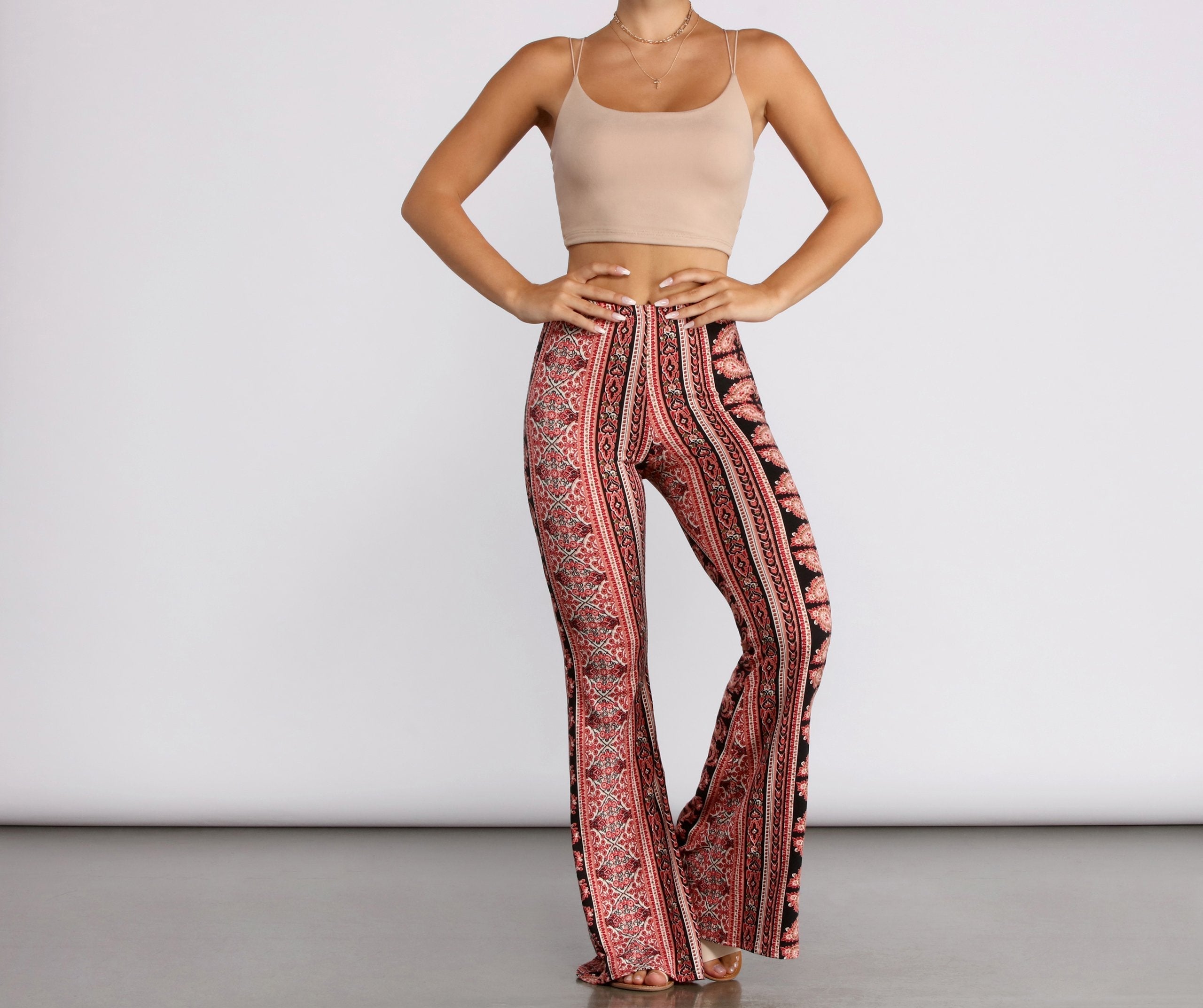 Boho Flair Floral Stripe Flare Pants