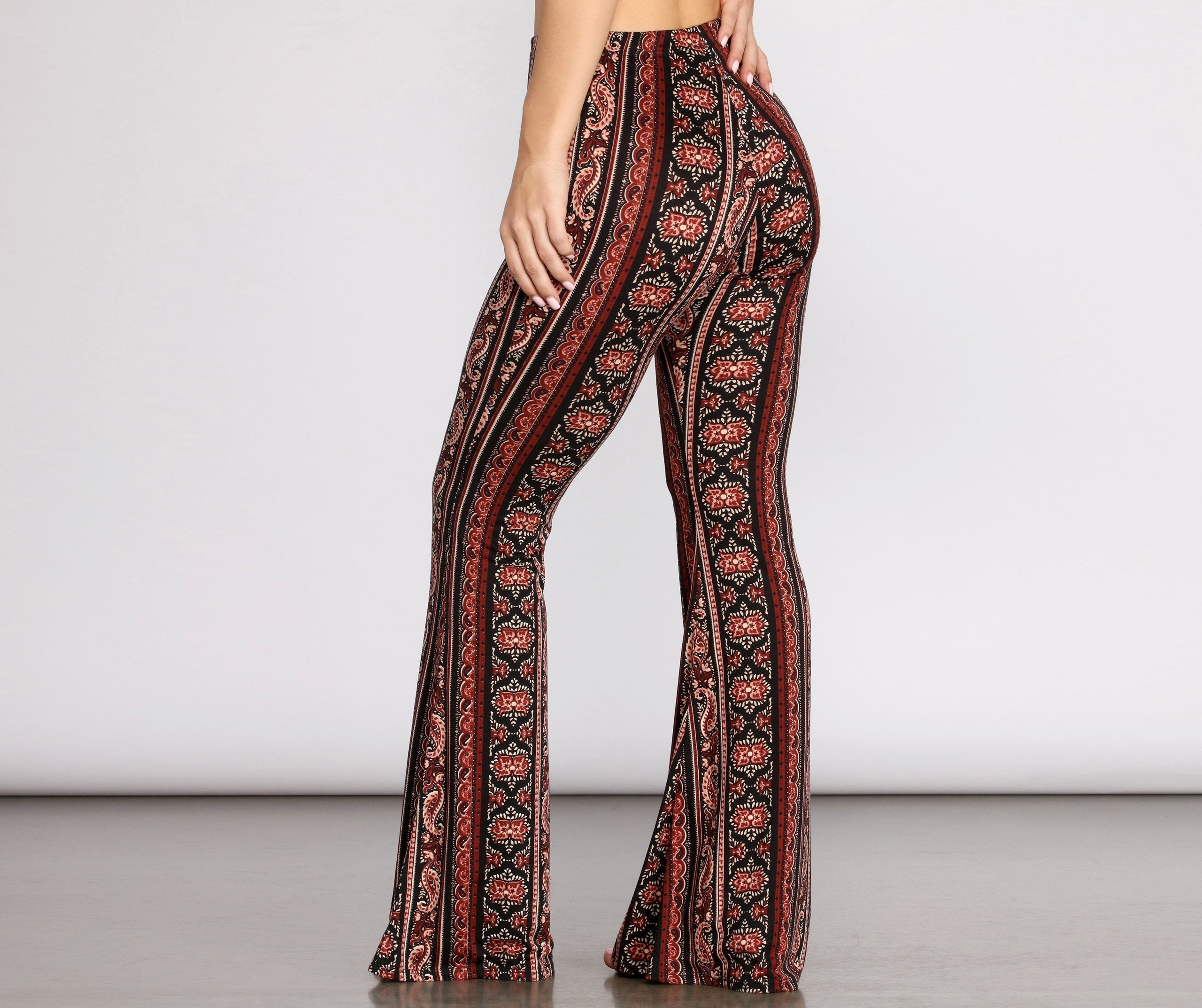 Boho Flair Floral Stripe Flare Pants