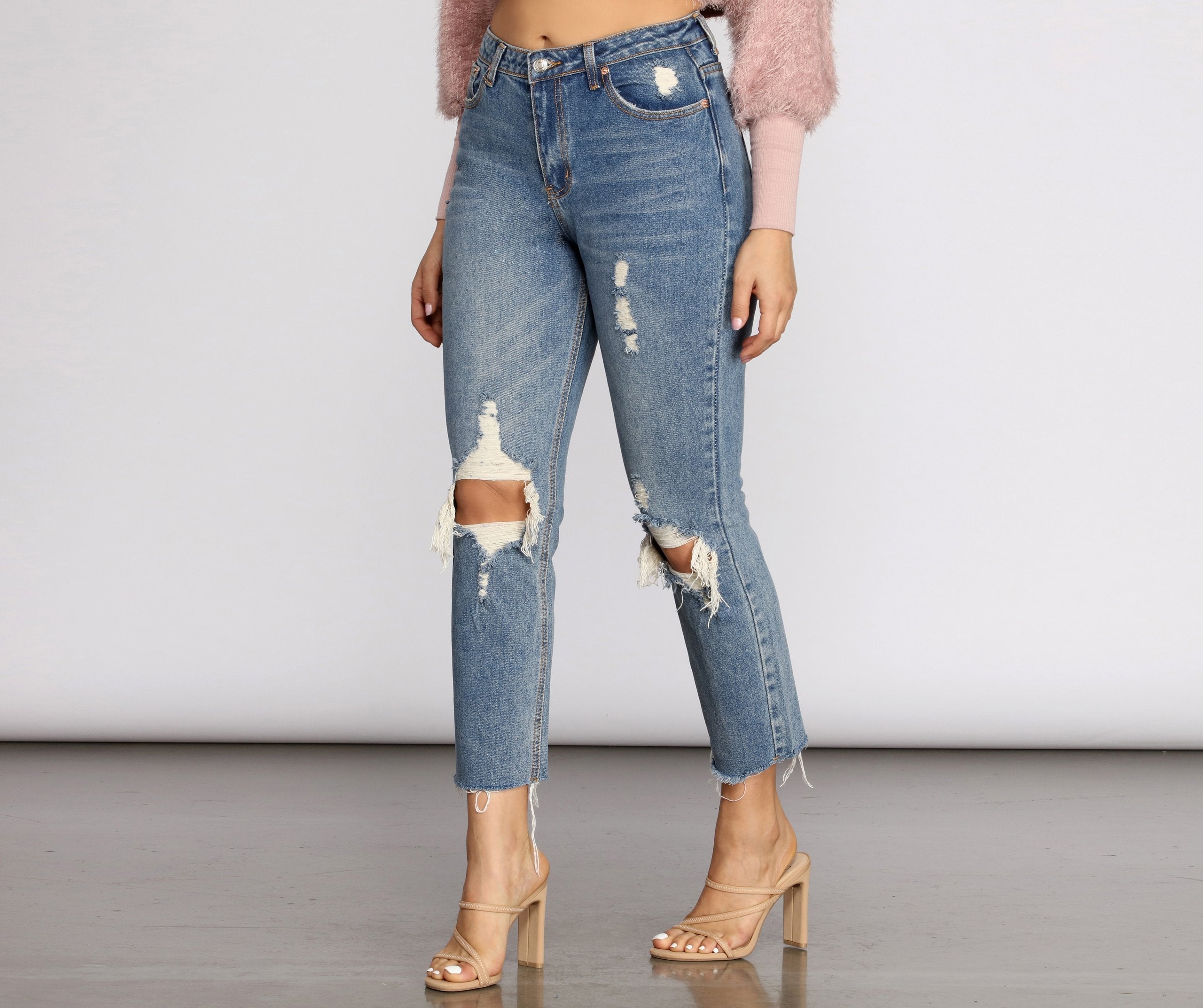 High Waist Distressed Denim Pants