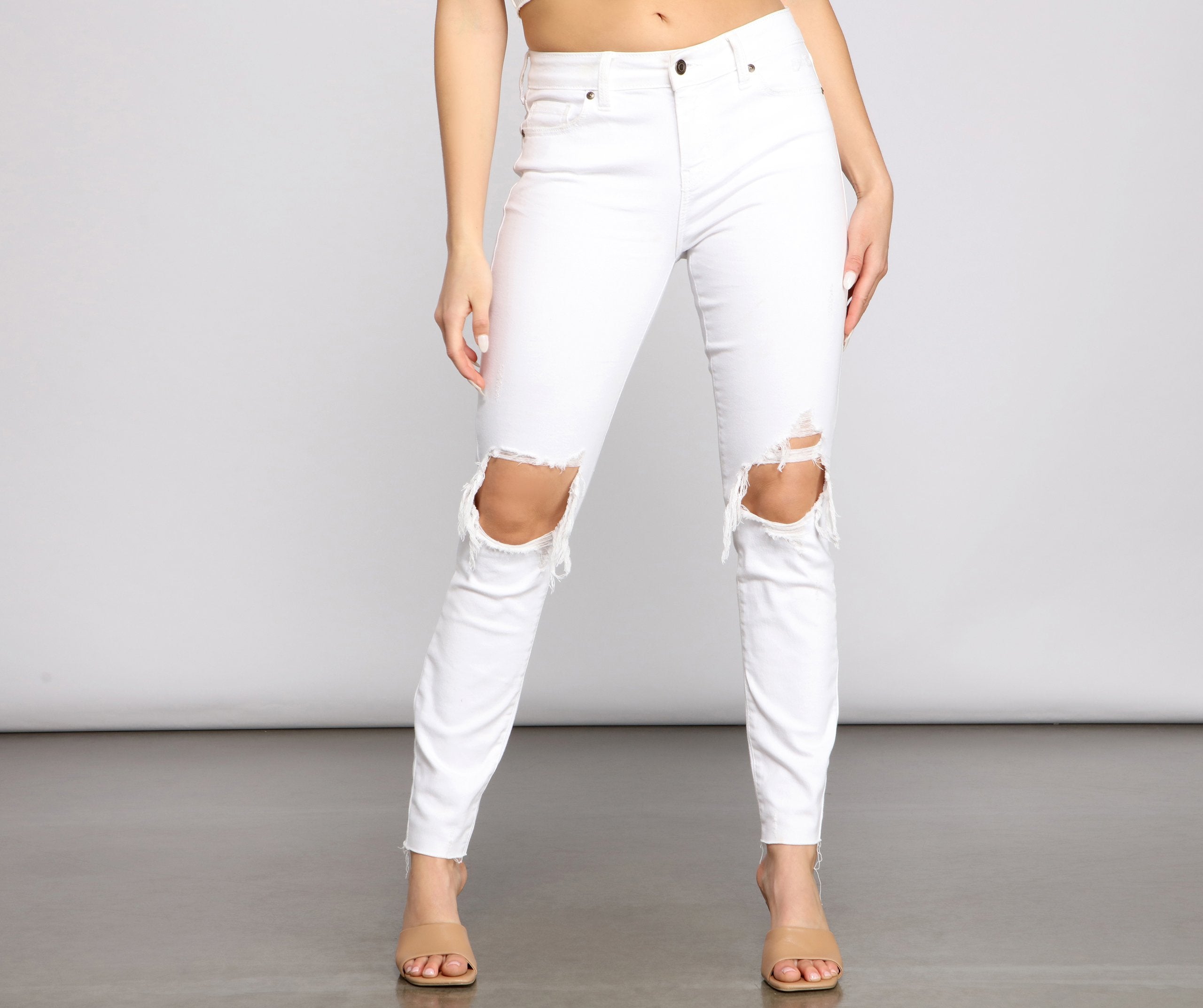 Jude Mid-Rise Destructed Knee Skinny Jeans