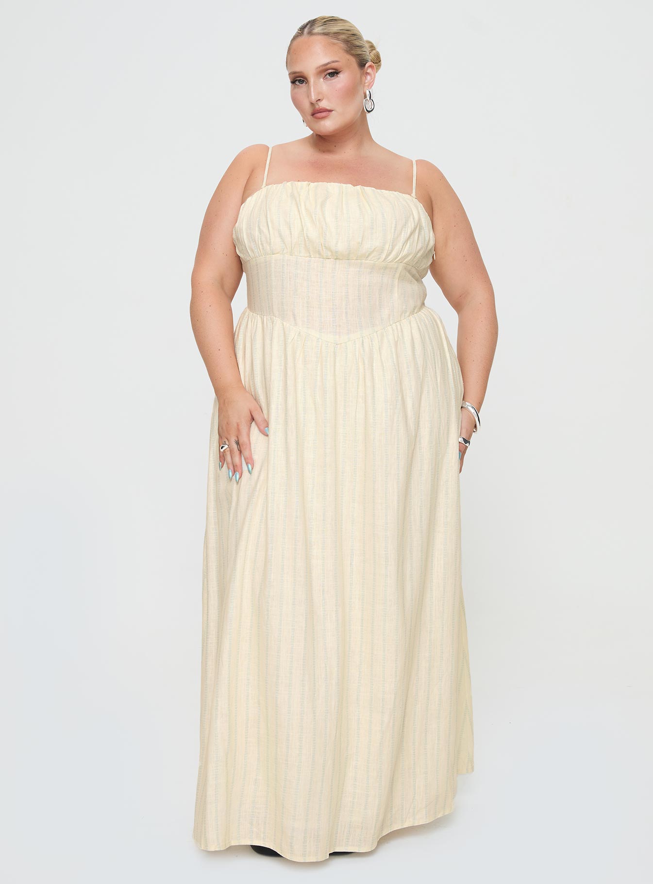 Slow Dance Linen Blend Maxi Dress Cream / Blue Curve