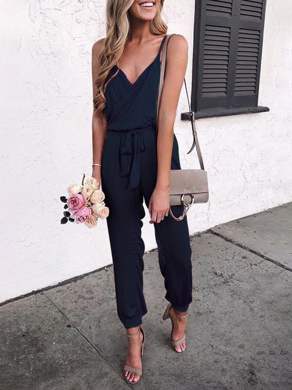 Casual Solid Sling Belted Jumpsuit