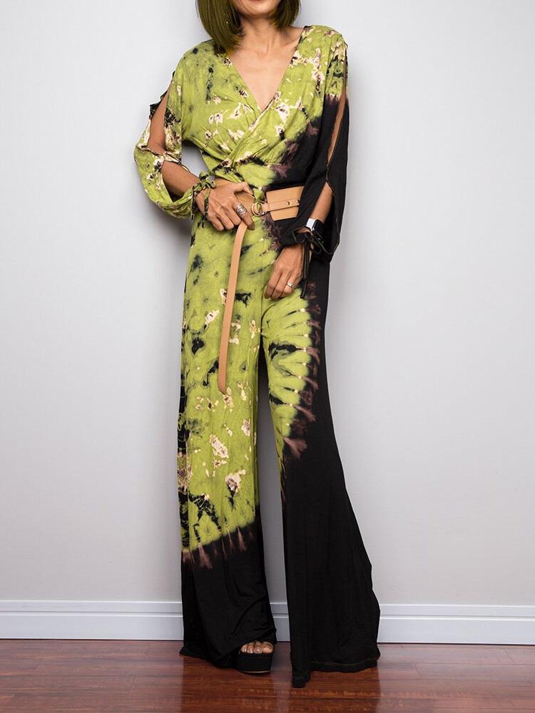 Deep V-Neck Printed Long Sleeve Jumpsuit