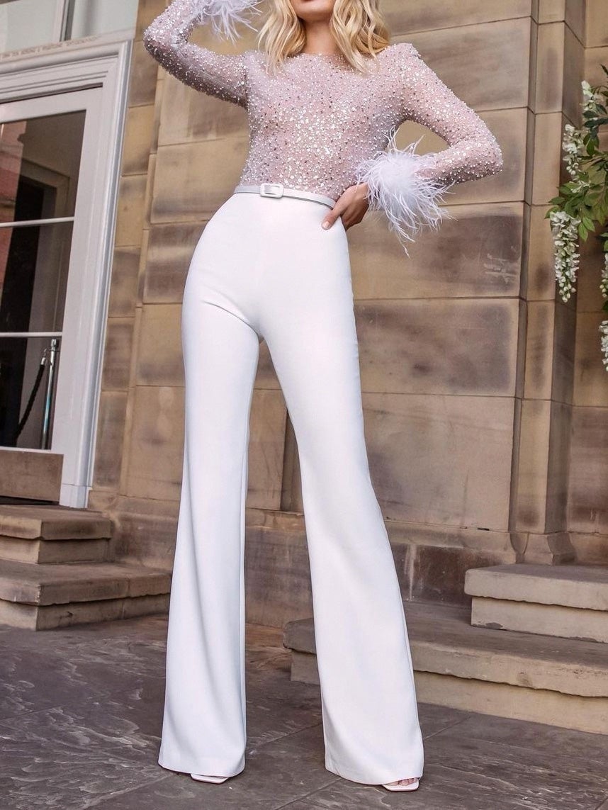 Feather Sequin Stitching Long Sleeve Jumpsuit