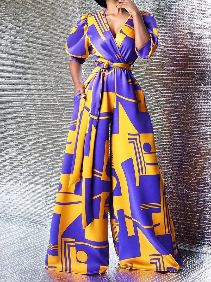 High-Waisted V-Neck Printed Wide-Leg Jumpsuit